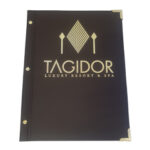 A4 Leatherette Brown Menu Cover With Gold Foil Logo And Fitting