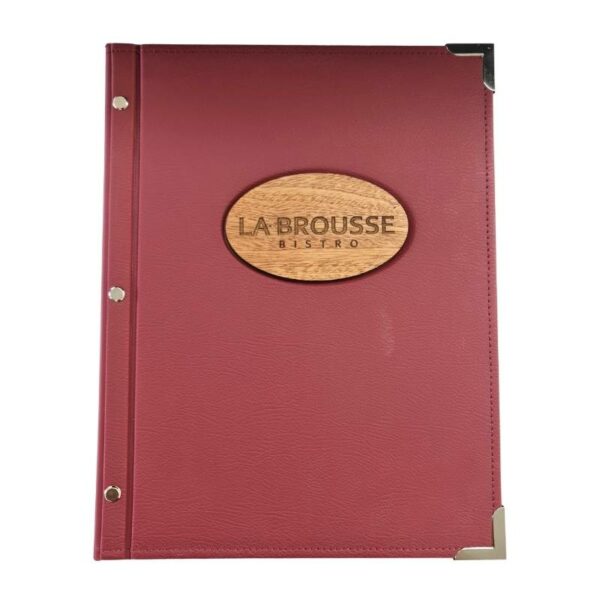 Red Leatherette Menu Cover With Laser Etched Wood &Ndash;