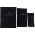 A Set Of Three Custom Made Suede Menu Covers With Gold Foiling