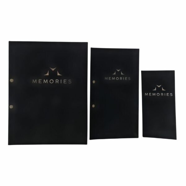 A Set Of Black Suede Menu Cover With Gold Foiling